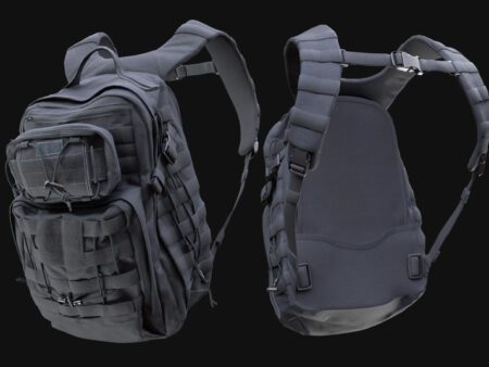 Realistic 3D Model of Black Tactical Backpack with detailed straps, pouches, and rugged texture, designed for game characters and cinematic use.