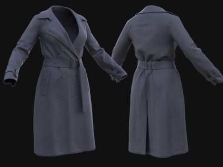 Realistic 3D model of classic trench coat for female with belt and buttons, designed for game characters and cinematic projects.