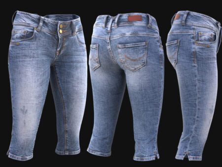 Realistic 3D model of denim shorts for female characters, mid-length blue jean shorts with worn fabric detail, stitching, and metallic buttons – game-ready asset with 4K PBR textures.