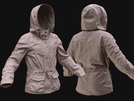 Realistic 3D hooded jacket with drawstrings, pockets, and detailed textures – game-ready outerwear model for Unreal Engine and Unity