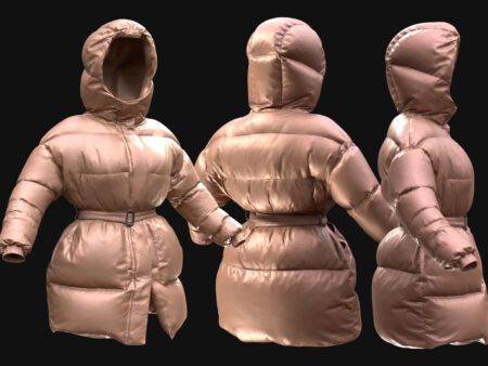 female puffer jacket 3D model in pink with hood and belt – front, side, and back views