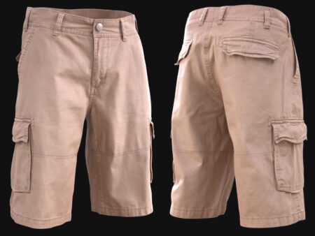 Realistic 3D cargo shorts model in beige khaki color with utility pockets – 3D clothing asset