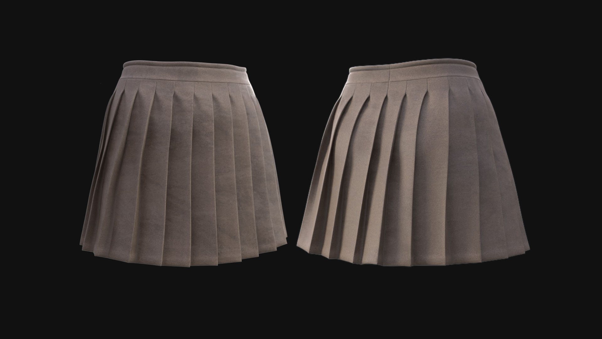 Realistic 3D model of pleated skirt with detailed fabric texture and folds, designed for female game characters and animations.