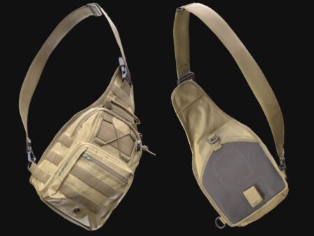 Realistic 3D model of tactical shoulder bag with military design, Molle webbing, zippers, and adjustable straps, ideal for games, VR/AR, and survival simulations.