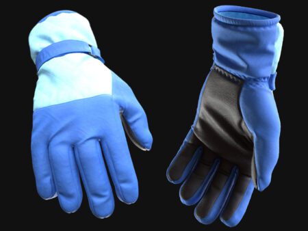 Realistic 3D model of winter gloves in blue color with reinforced palms and detailed stitching, designed for cold-weather scenes in games, VR, and cinematic projects.