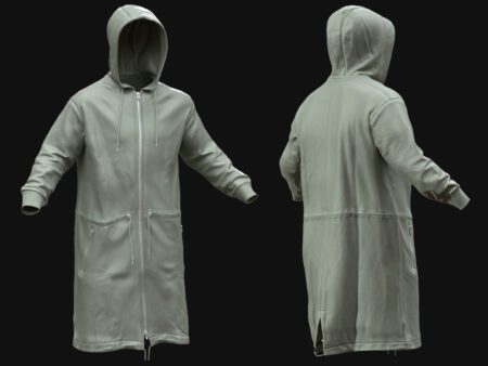 3D Model Long Hoodie Coat – Front & Back Views