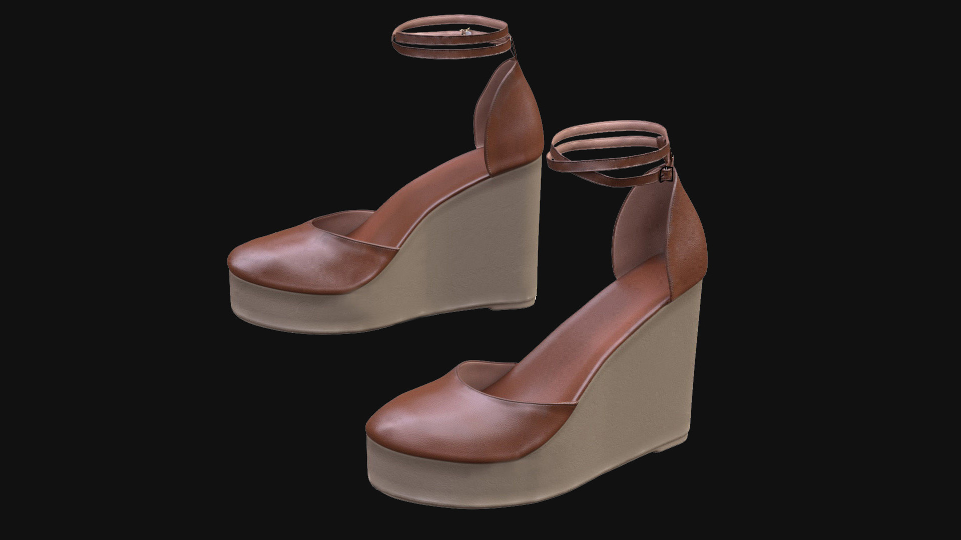 Brown Wedge Sandals 3D Model with Leather Ankle Straps – High Heel Summer Footwear