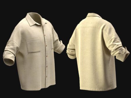 Realistic 3D model of beige cotton casual shirt with buttons and rolled sleeves, game-ready clothing asset for male characters.