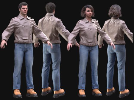 High-quality 3D casual outfit leather jacket – front and back view.