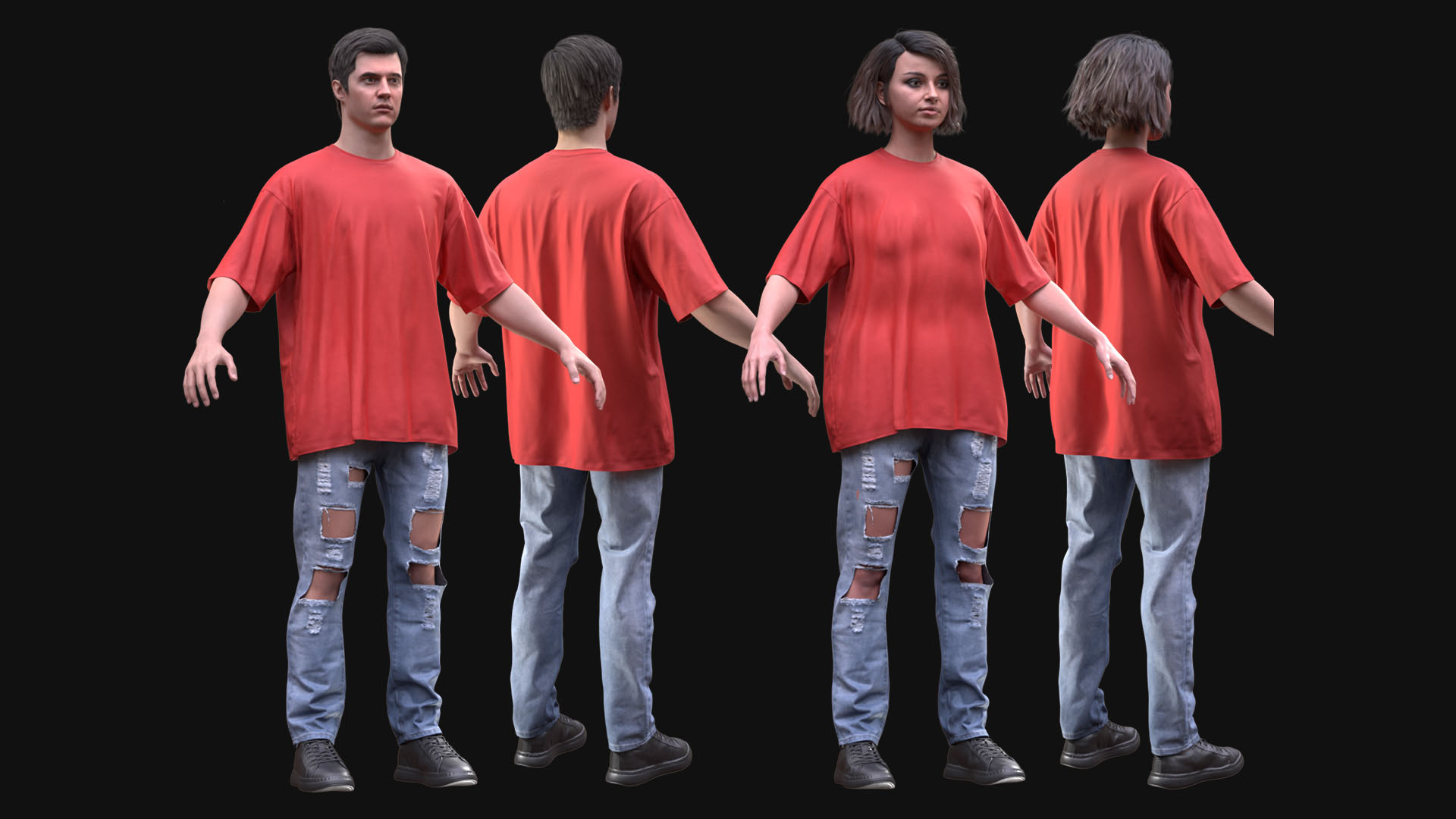 3D Model of Casual Outfit Oversized t-shirt, ripped jeans, and sneakers