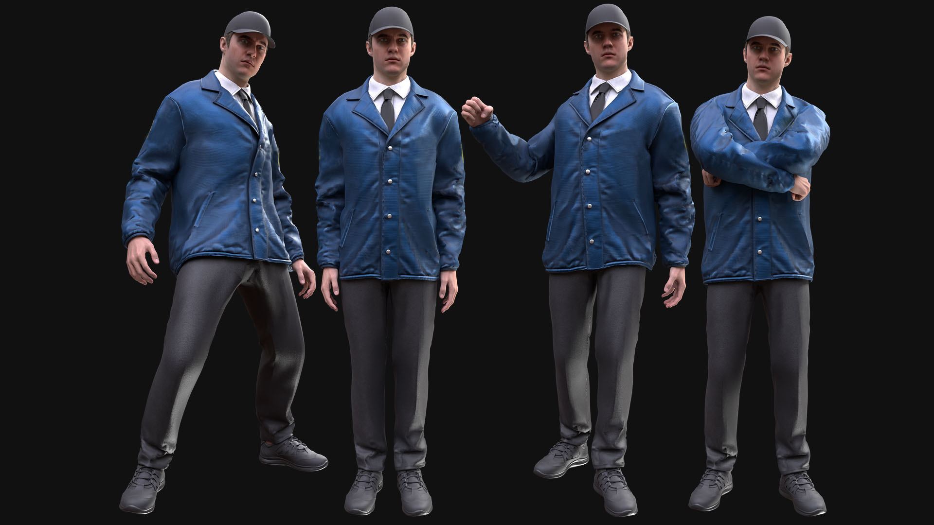 3D Male Agent Outfit Model - Male MH Body & UE5 Skeleton - Rigged - Blue Jacket, Tie, Pants, Cap