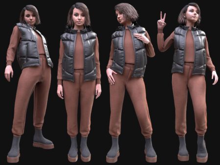 3D Autumn Female Puffer Vest Outfit Model - Female MH Body & UE5 Skeleton - Rigged