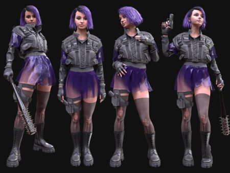3D Model Cyberpunk Female Outfit with tactical jacket, purple skirt, cybernetic legs, and combat boots - Female MH body & UE5 Skeletons - Rigged