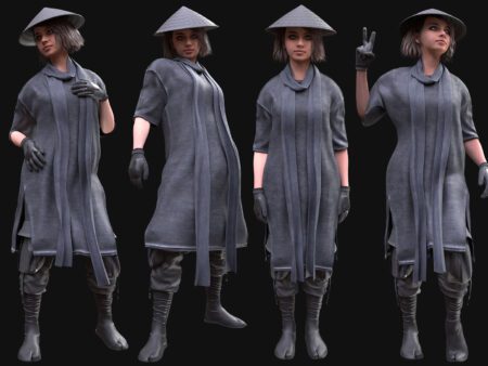 3D Female Martial Monk Outfit Model - Female MH Body & UE5 Skeleton - Rigged - Robe, Pants, Gloves, Hat