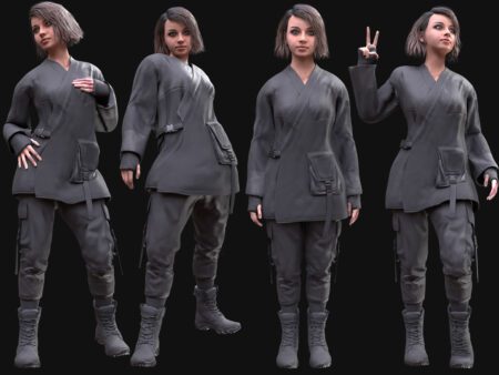 3D Female Martial Arts Outfit Model - Female MH Body & UE5 Skeleton - Rigged - Combat Tunic, Tactical Pants, Boots