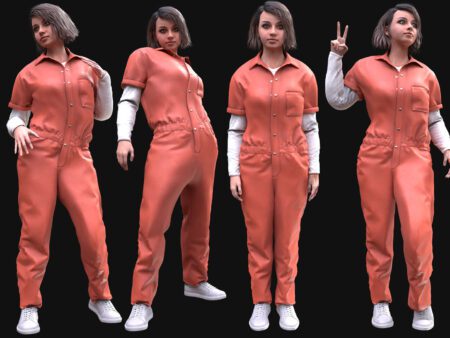 3D Female Prisoner Outfit Model - Female MH Body & UE5 Skeleton - Rigged - Orange Jumpsuit with Undershirt and Sneakers
