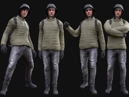 3D Male Winter Outfit Model - Male MH Body & UE5 Skeleton - Rigged - Padded Jacket, Gloves, Helmet, Jeans, Backpack, Boots