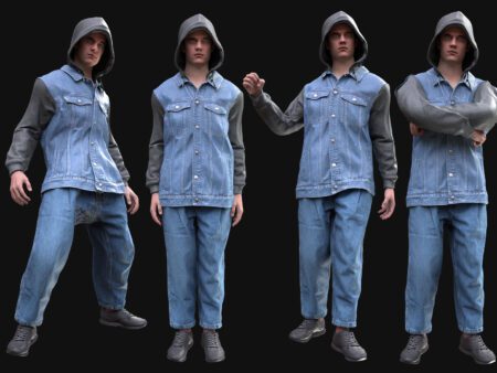 3D Autumn Denim Hoodie Outfit Model – male character in denim vest, gray hoodie, wide jeans and boots – rigged for Male MH Bodies & UE5 Skeletons.