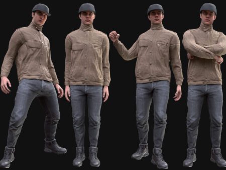 3D Male Field Jacket Outfit Model - Male MH Body & UE5 Skeleton - Rigged - Khaki Jacket, Jeans, Boots, Cap