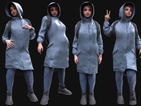 3D Autumn Female Hooded Parka Outfit Model – female character with long padded parka, jeans, boots & backpack, rigged for Female MH Bodies & UE5 Skeletons.