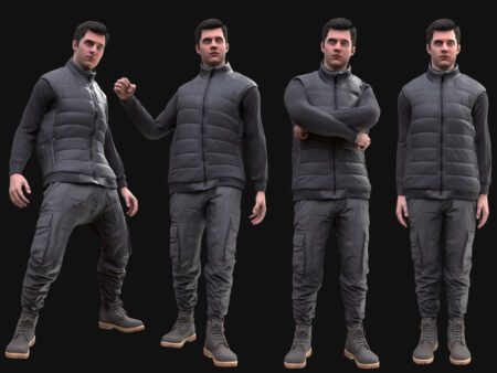 3D Autumn Tactical Puffer Vest Outfit Model – male character with black vest, thermal shirt, cargo pants and boots – rigged for Male MH Bodies & UE5 Skeletons.
