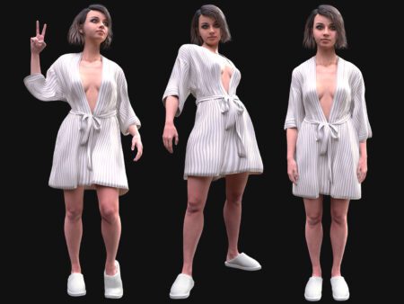 3D Female Bathrobe Outfit Model - MH Body & UE5 Skeleton - Rigged - White Striped Robe with Slippers