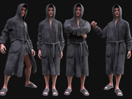 3D Male Hooded Bathrobe Model - MH Body & UE5 Skeleton - Rigged - Robe with Hood and Sandals