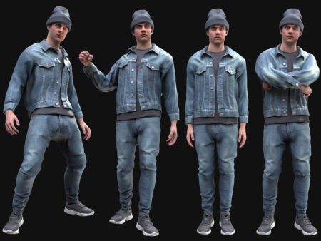 3D Denim Autumn Outfit Model - Male MH Body & UE5 Skeleton - Rigged - Denim Jacket, Jeans, Gray Shirt, Beanie, Sneakers