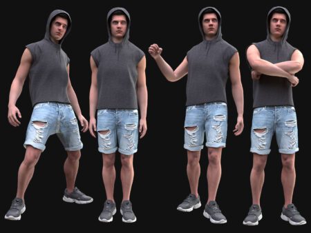 3D Summer Hoodie Outfit Model - Sleeveless Top & Ripped Shorts - Male MH Body & UE5 Skeleton - Rigged